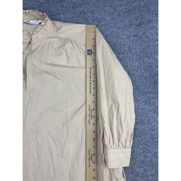 ZARA Dress Womens XS Beige Ruffle Hem Long Sleeve High Neck Cotton Pockets Midi - Picture 4 of 8